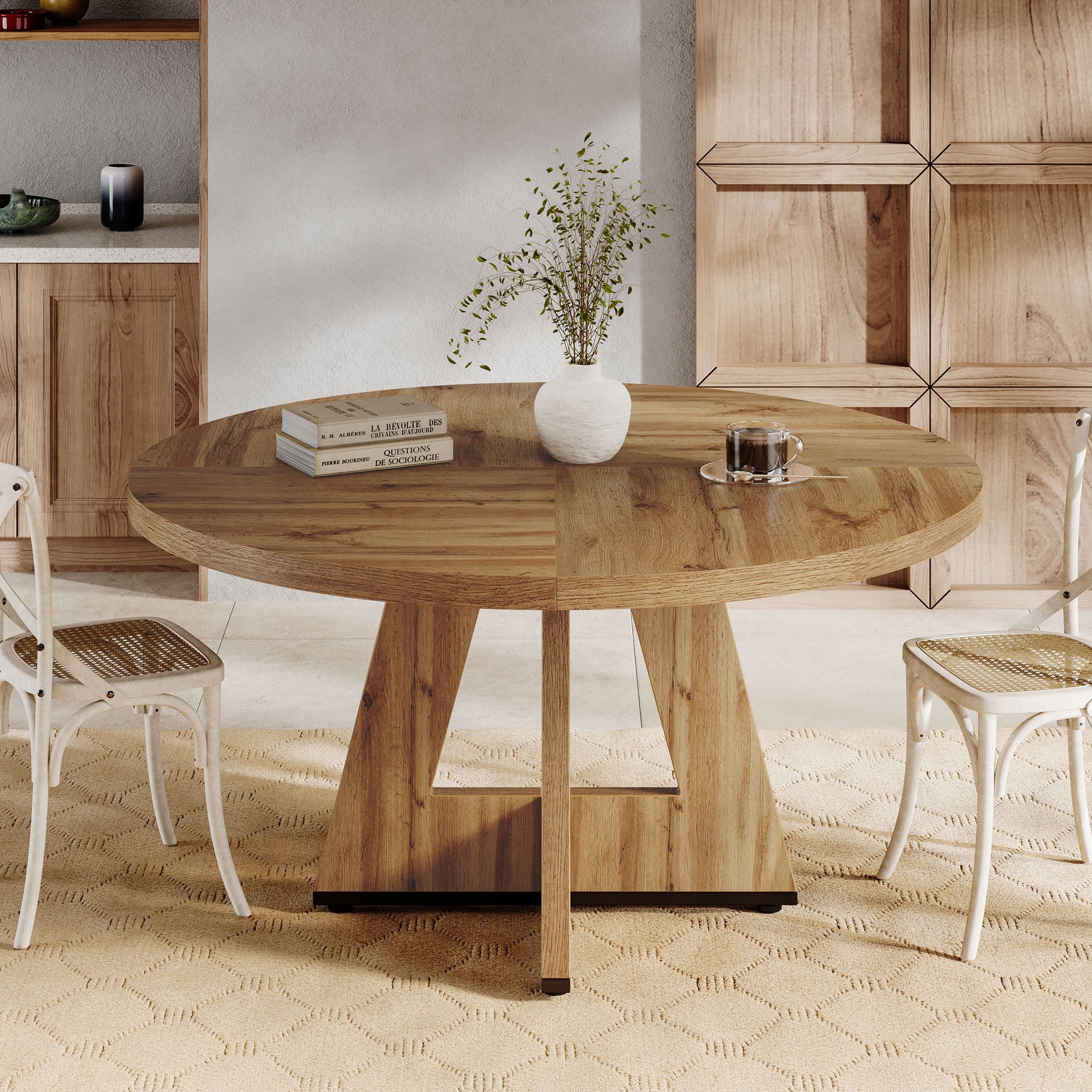47" Round Dining Table, Farmhouse Wood Kitchen Table for 4-6 with Cross Base