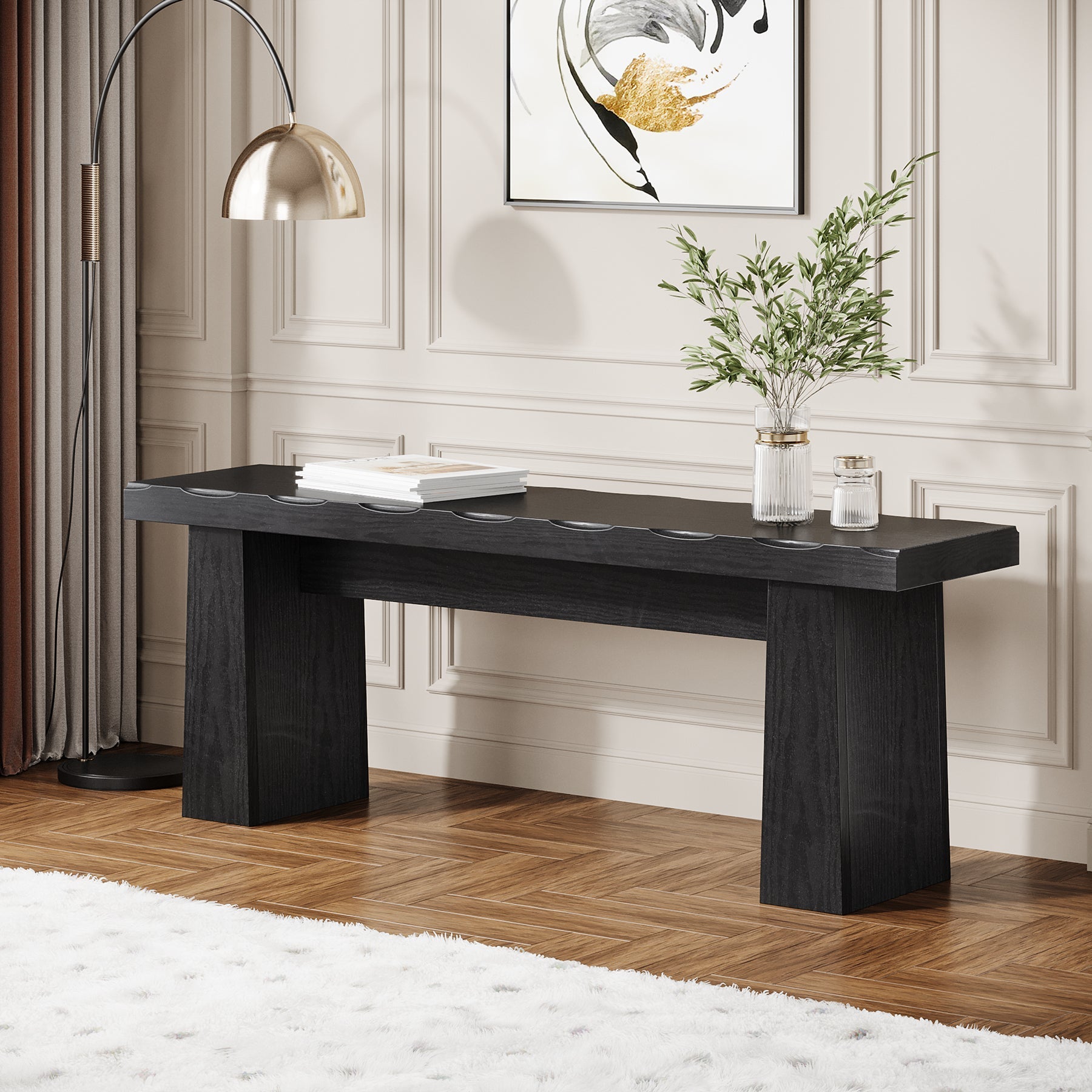 Hallway view of Tribesigns's 47" Entryway Bench, Wooden Dining Table Bench End of Bed Bench.