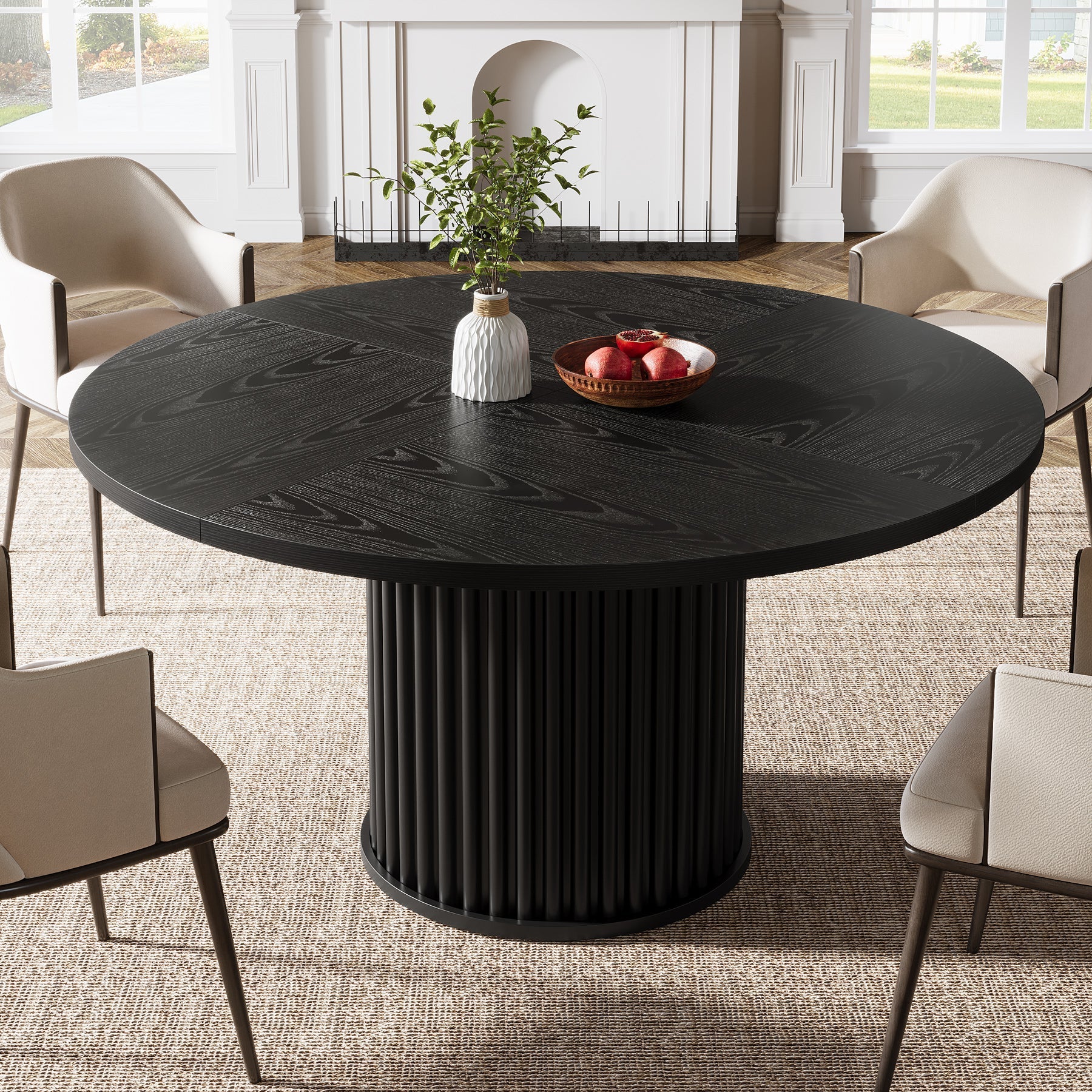 47" Round Dining Table, Wood Kitchen Table With Sturdy Fluted Metal Base