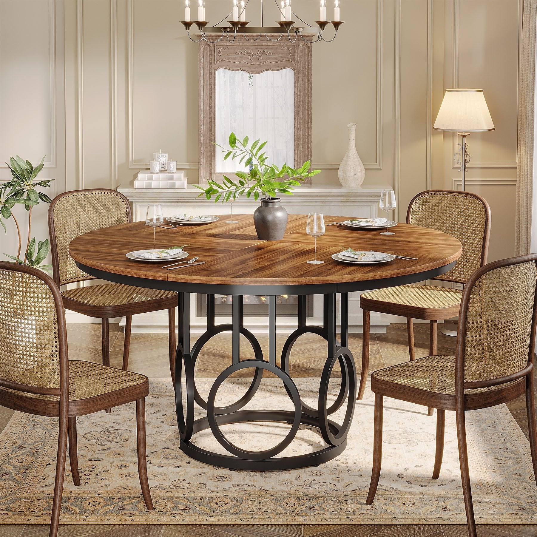 47" Wood Dining Table, Round Kitchen Table for 4-6 People