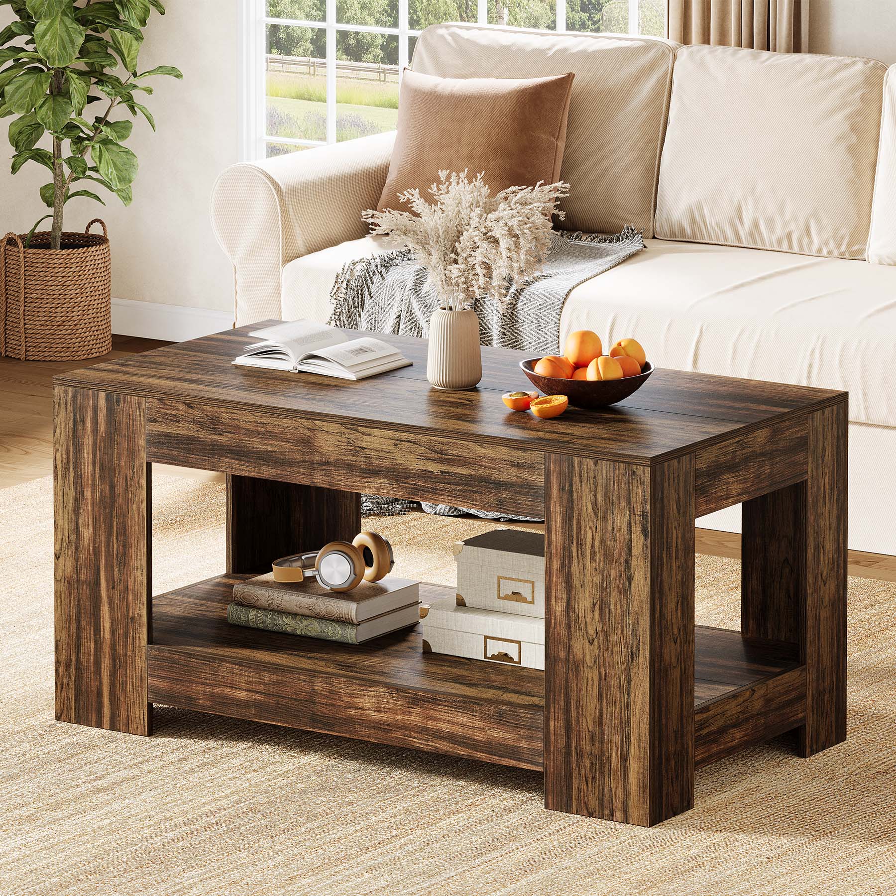 47" Coffee Table, 2-Tier Wooden Center Table Tea Table with Storage