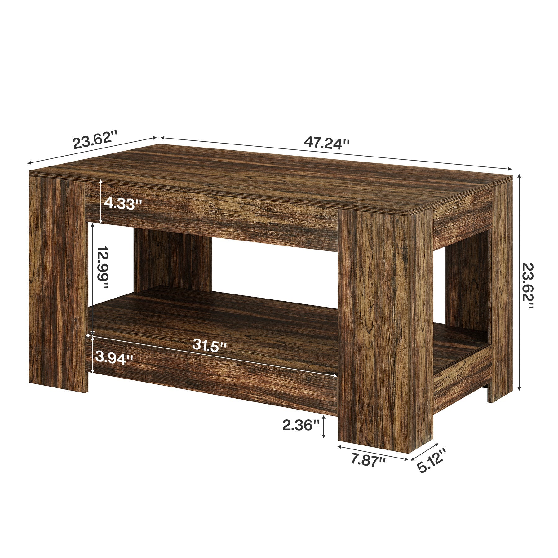 47" Coffee Table, 2-Tier Wooden Center Table Tea Table with Storage