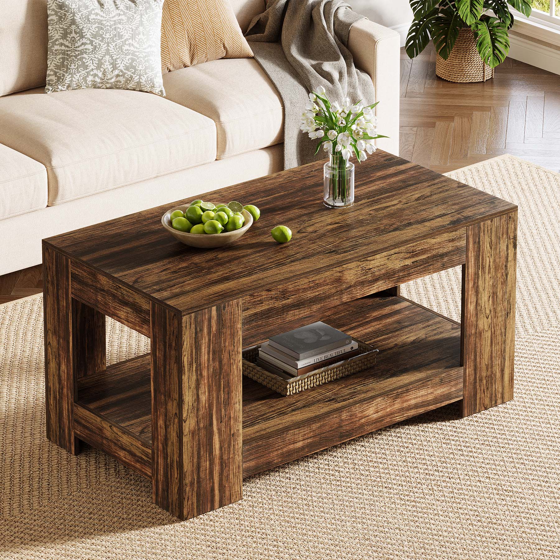 47" Coffee Table, 2-Tier Wooden Center Table Tea Table with Storage
