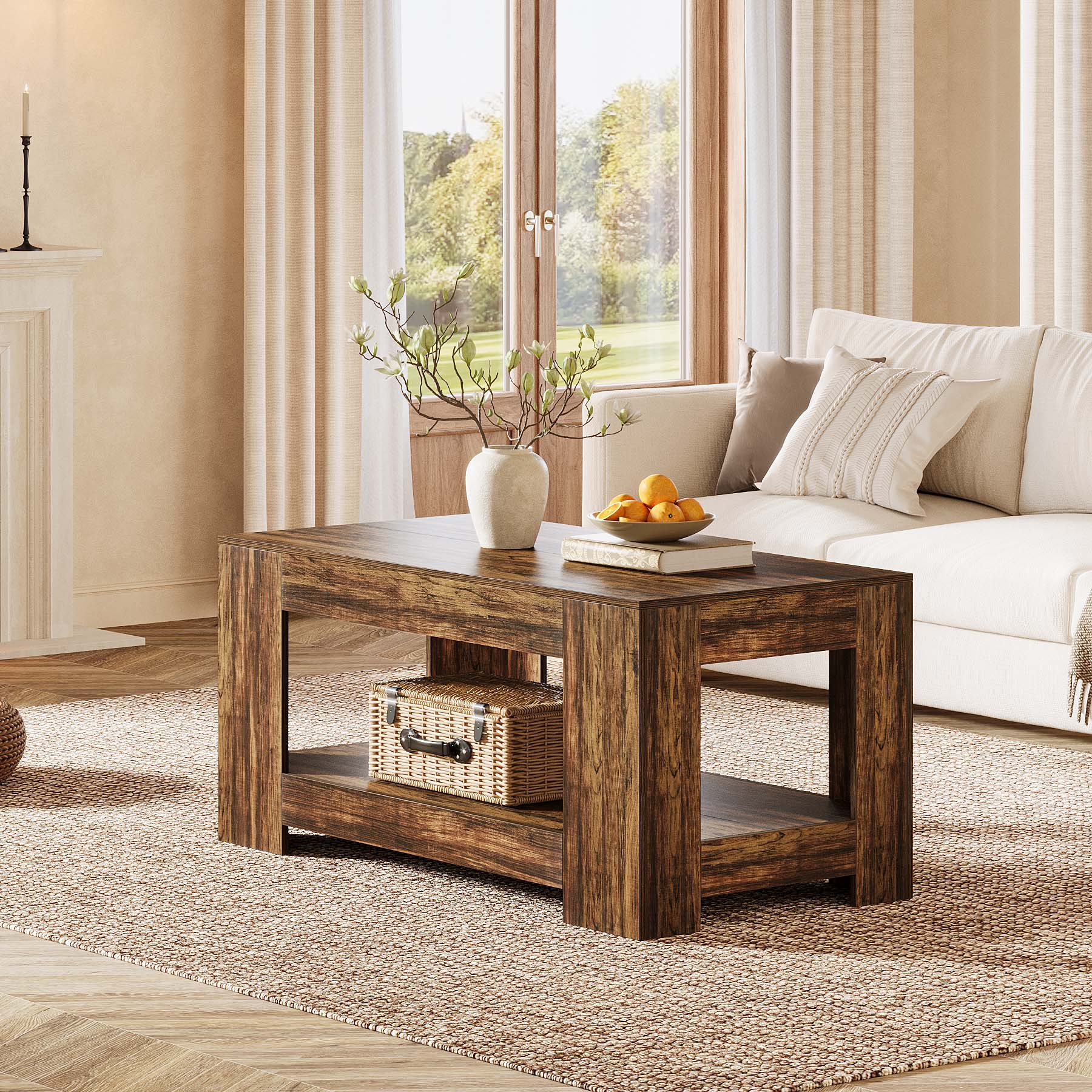 47" Coffee Table, 2-Tier Wooden Center Table Tea Table with Storage