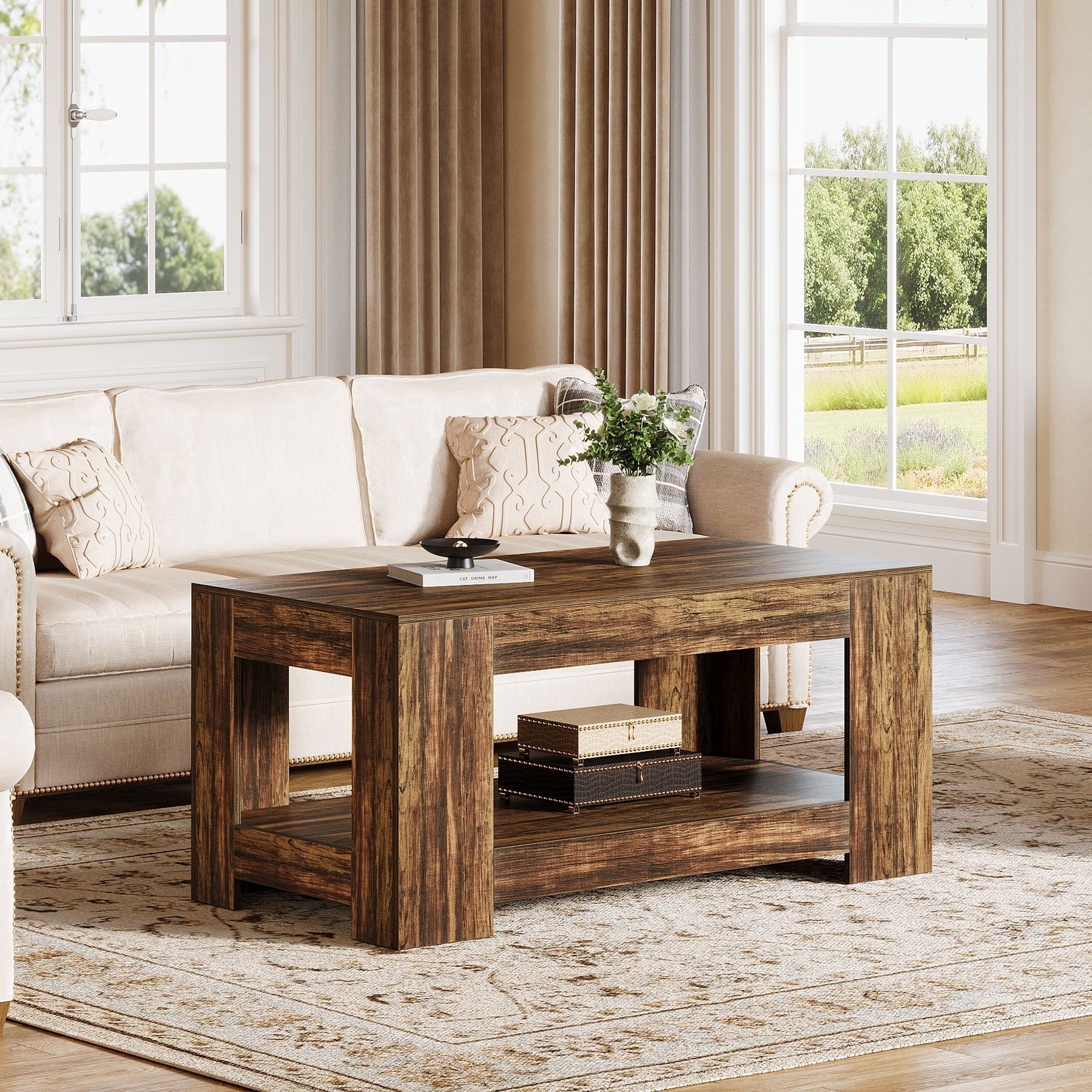 47" Coffee Table, 2-Tier Wooden Center Table Tea Table with Storage