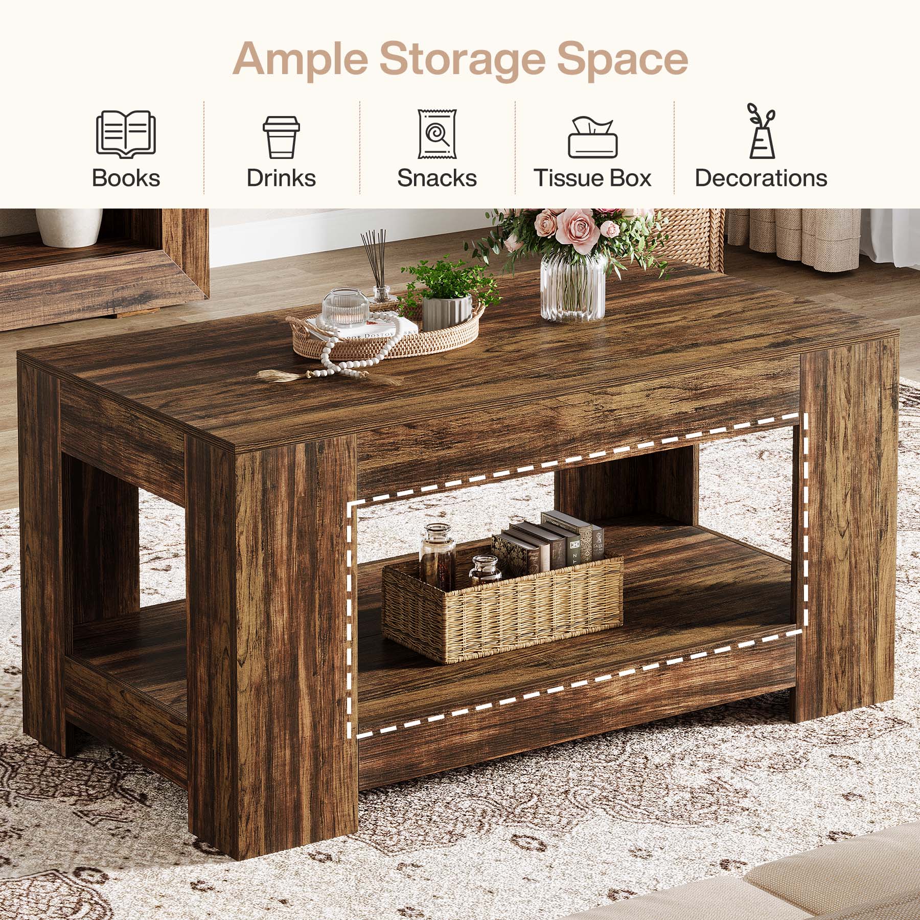 47" Coffee Table, 2-Tier Wooden Center Table Tea Table with Storage