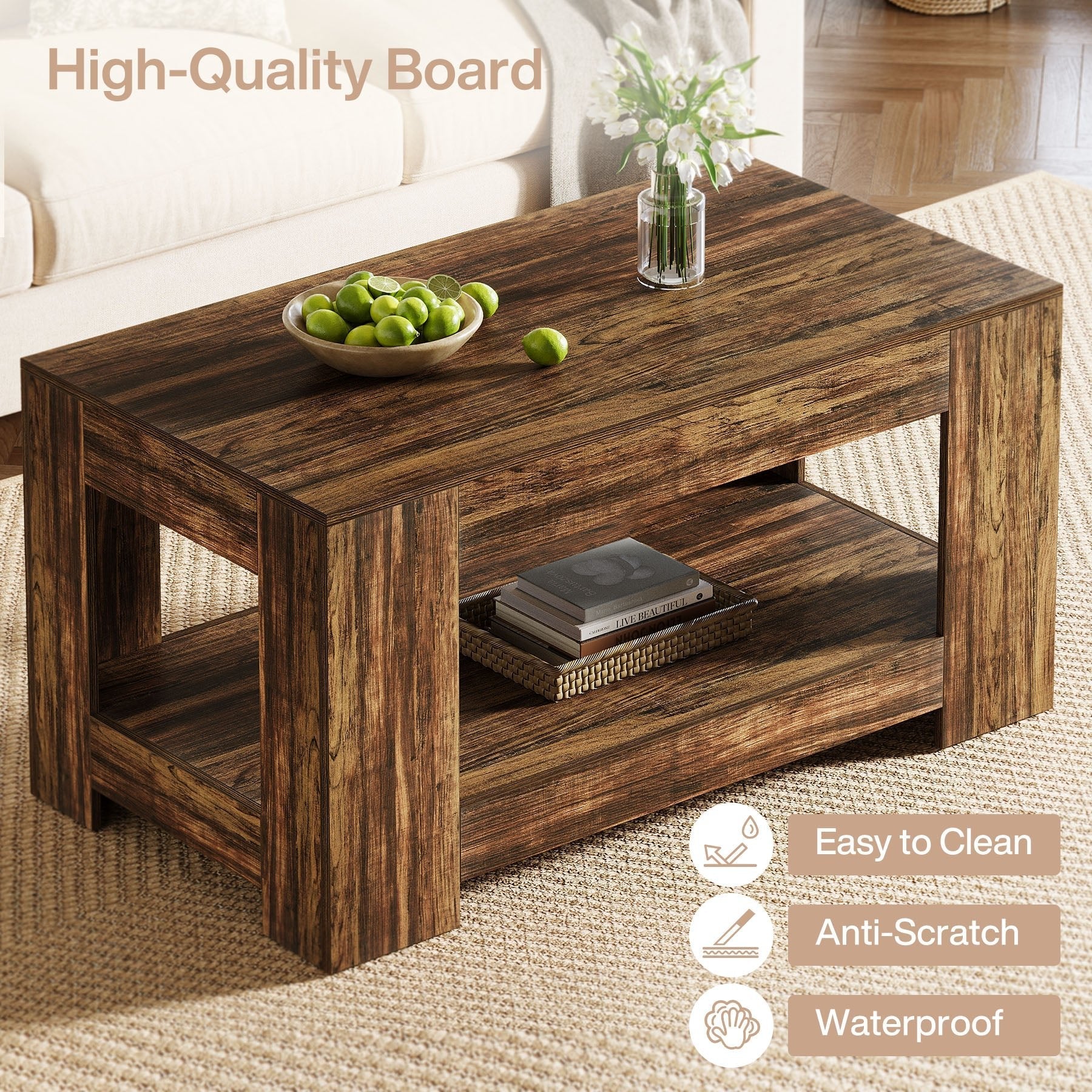 47" Coffee Table, 2-Tier Wooden Center Table Tea Table with Storage