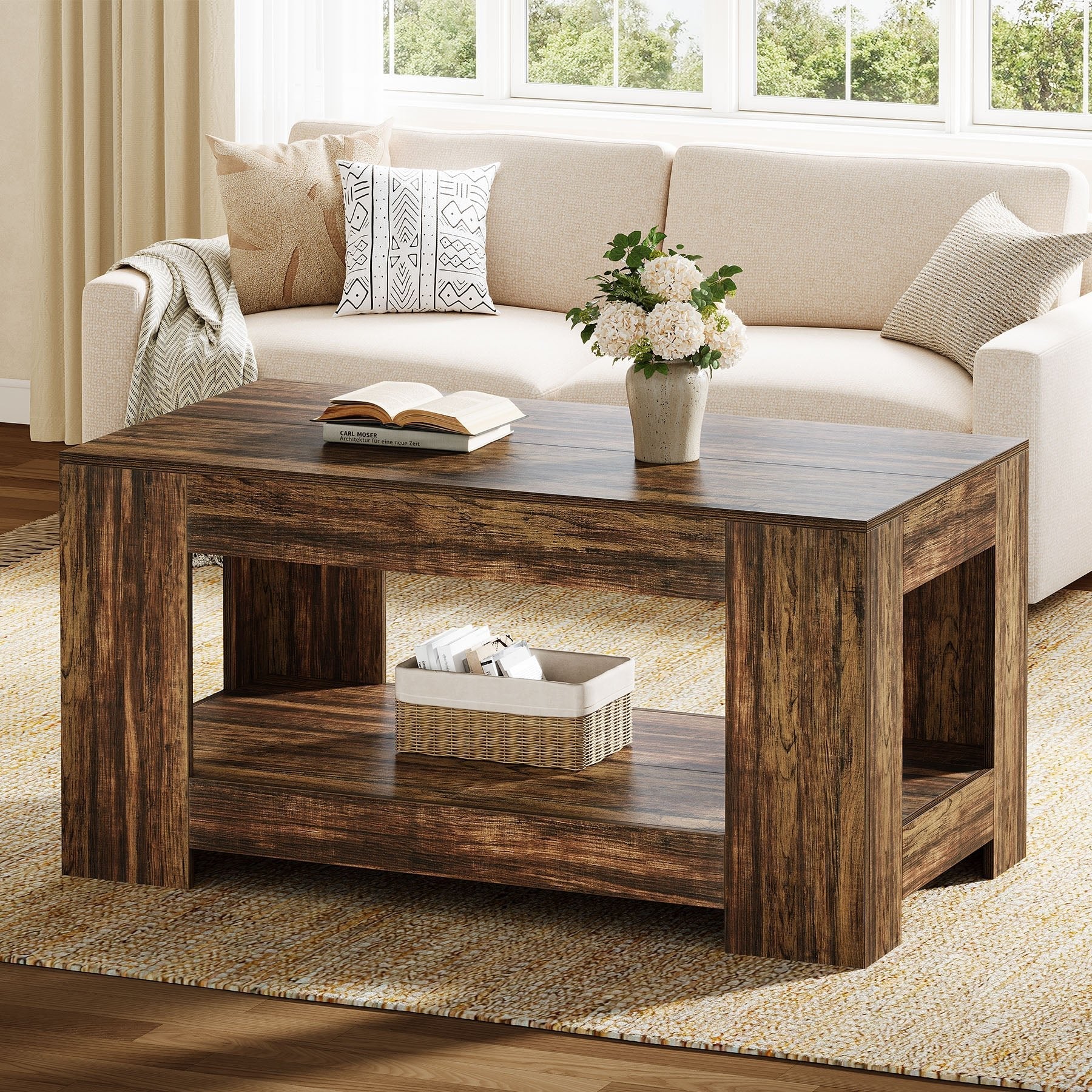 47" Coffee Table, 2-Tier Wooden Center Table Tea Table with Storage