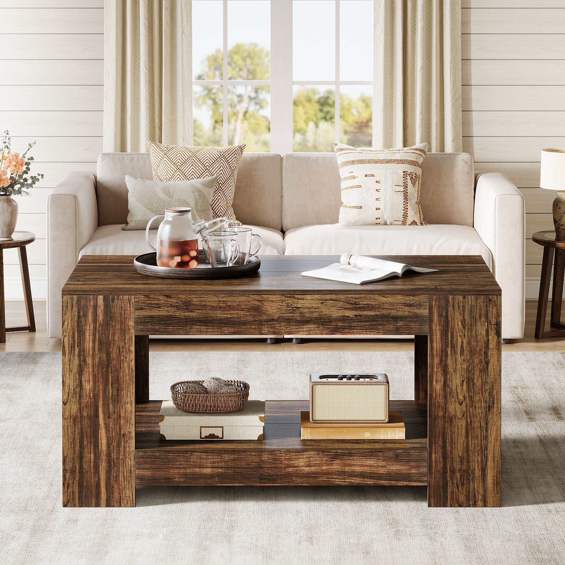 47" Coffee Table, 2-Tier Wooden Center Table Tea Table with Storage