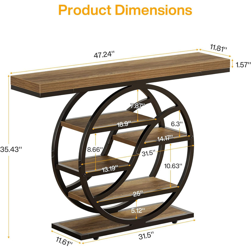 47" Industrial Console Table, 6-Tier Entryway Shelf, Metal Frame