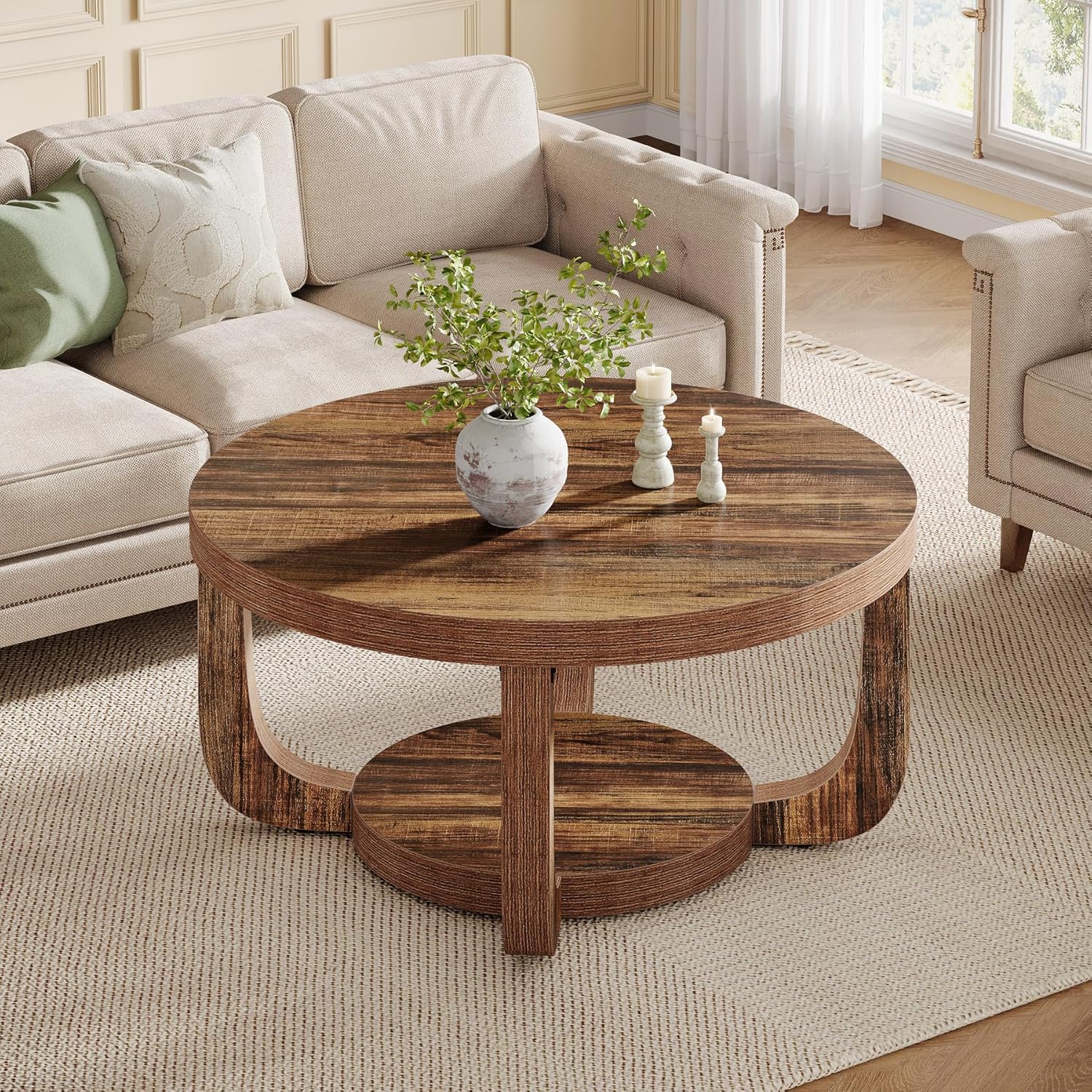 31.5" Round Coffee Table, 2-Tier Accent Center Table with Storage Shelf