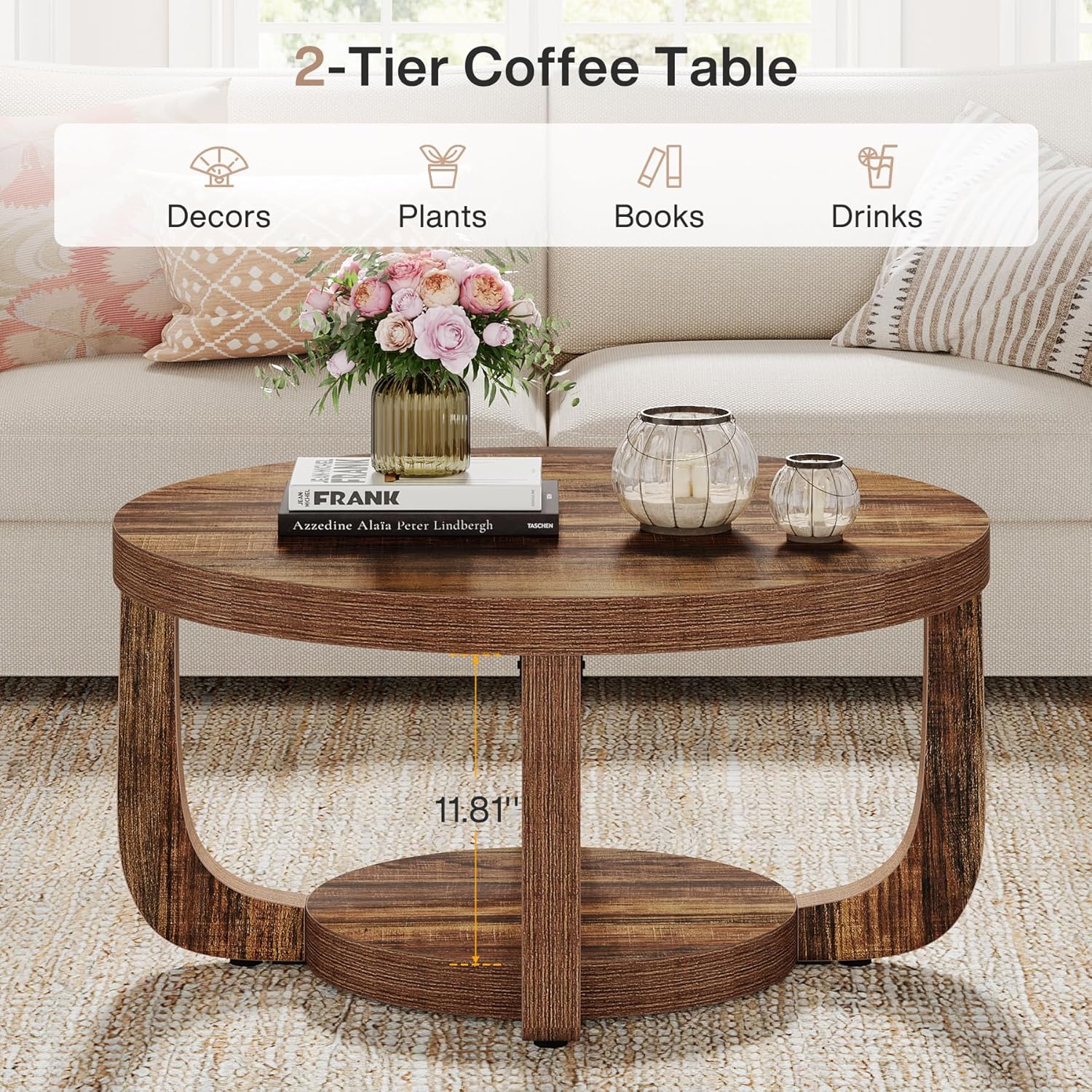 31.5" Round Coffee Table, 2-Tier Accent Center Table with Storage Shelf