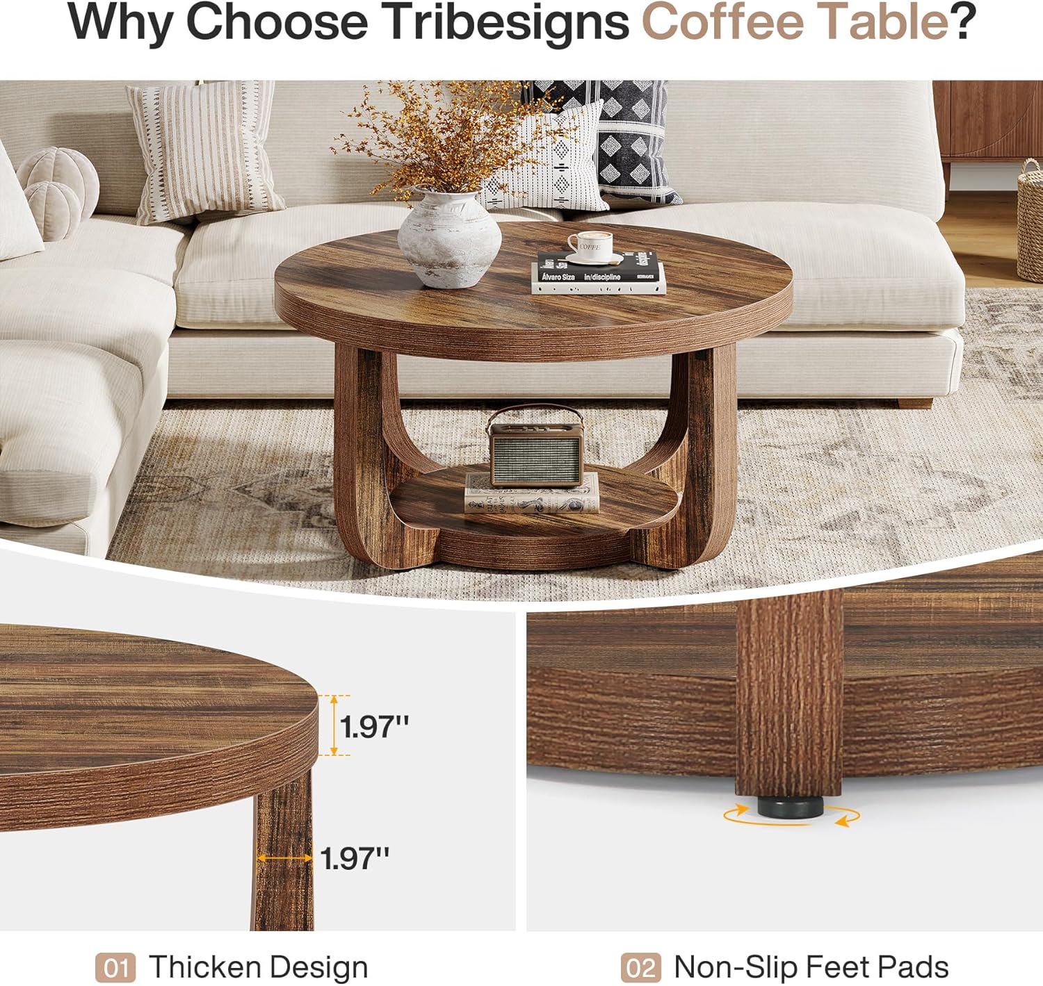 31.5" Round Coffee Table, 2-Tier Accent Center Table with Storage Shelf