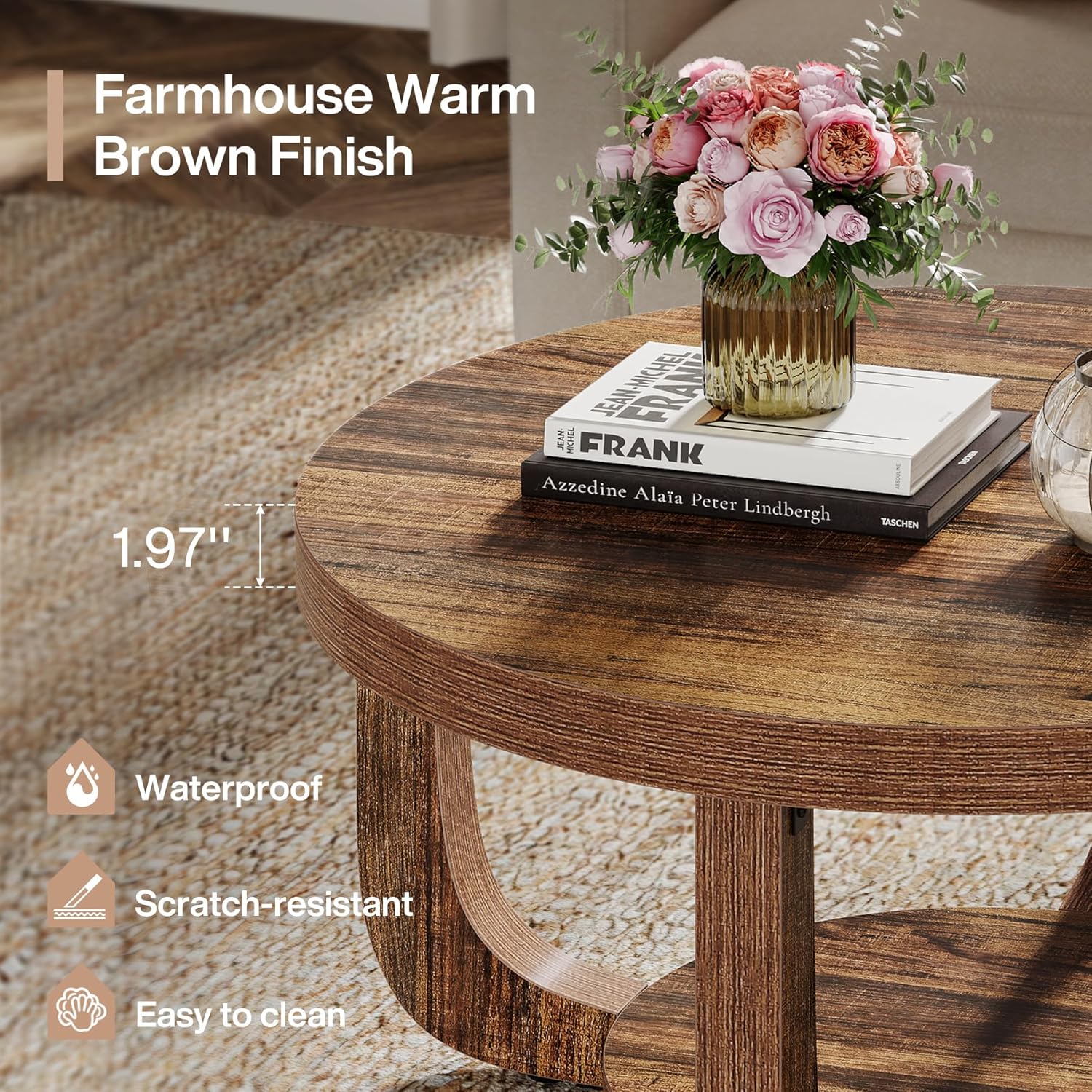 31.5" Round Coffee Table, 2-Tier Accent Center Table with Storage Shelf