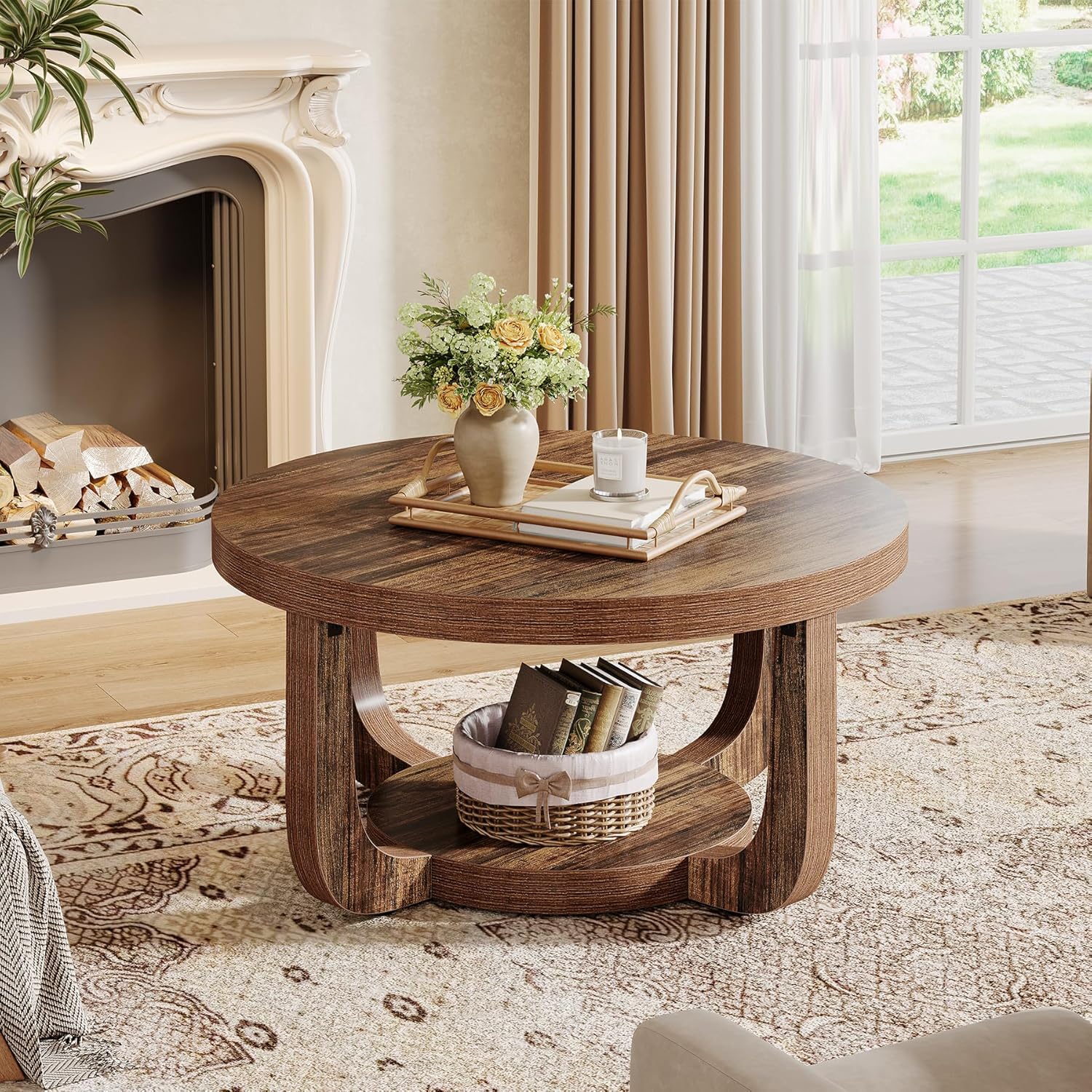 31.5" Round Coffee Table, 2-Tier Accent Center Table with Storage Shelf