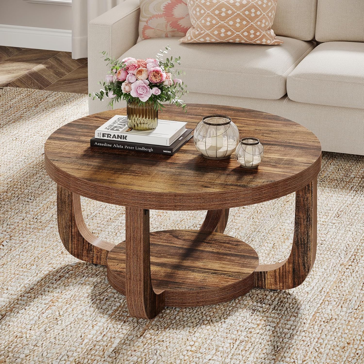 31.5" Round Coffee Table, 2-Tier Accent Center Table with Storage Shelf