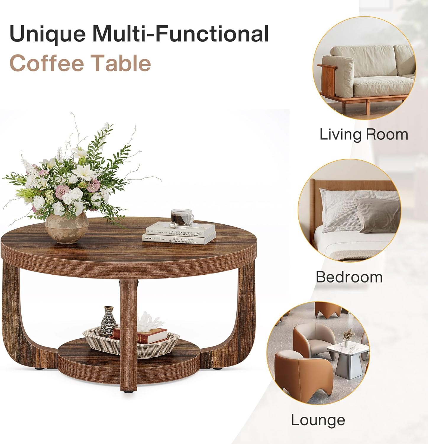 31.5" Round Coffee Table, 2-Tier Accent Center Table with Storage Shelf