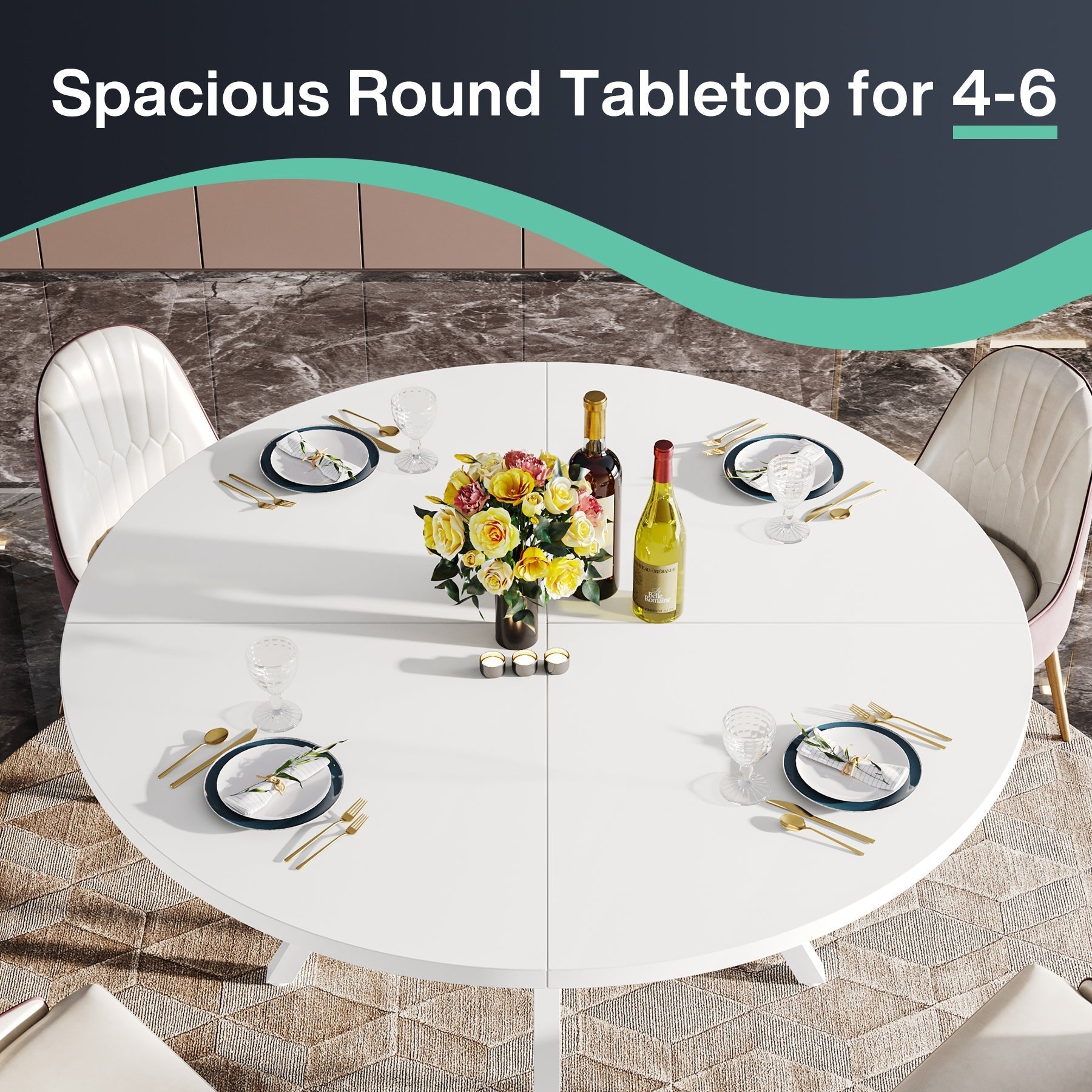47" Dining Table, Modern Round Kitchen Table for 4