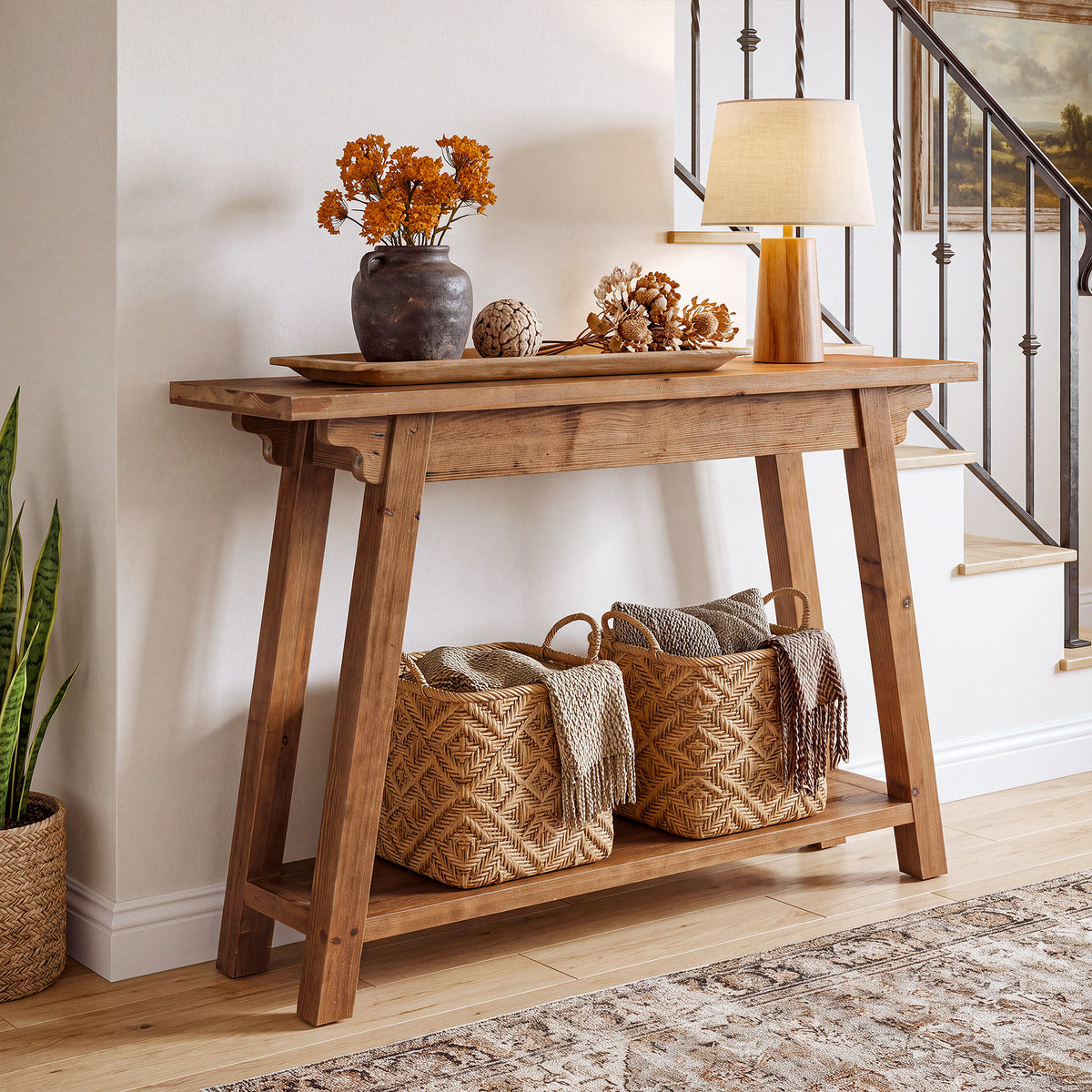 105cm Console Table, 2-Tier Solid Wood Farmhouse Entryway Table with A-Frame