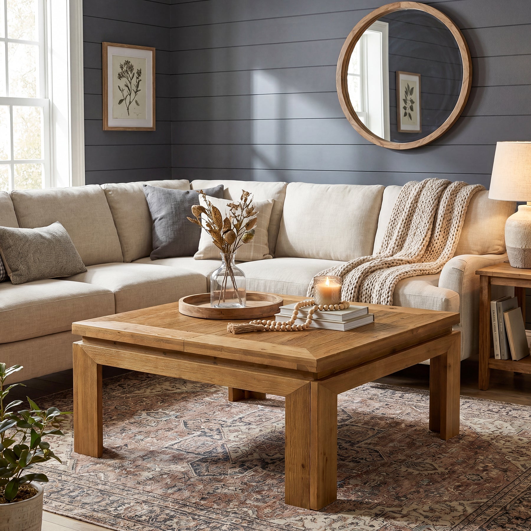 39.4" Solid Wood Coffee Table with Recessed Edge, Square Farmhouse Center Table for Living Room