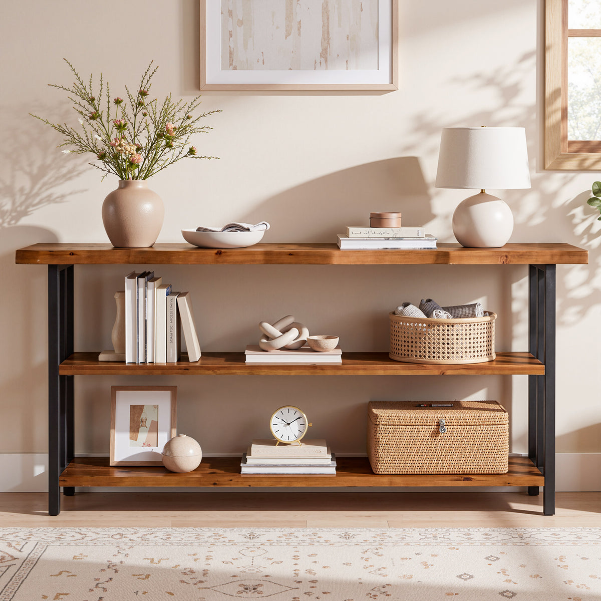 160cm Console Table, Solid Wood Live Edge 3-Tier Rustic Hallway Sofa Table