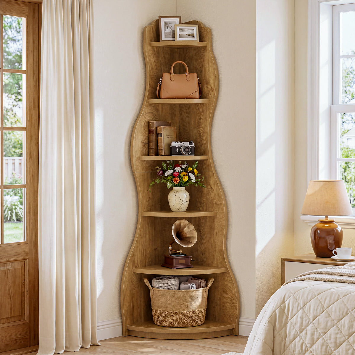 6-Tier Corner Shelf Stand,175cm Tall Bookshelf with Curvy Shape for Living Room