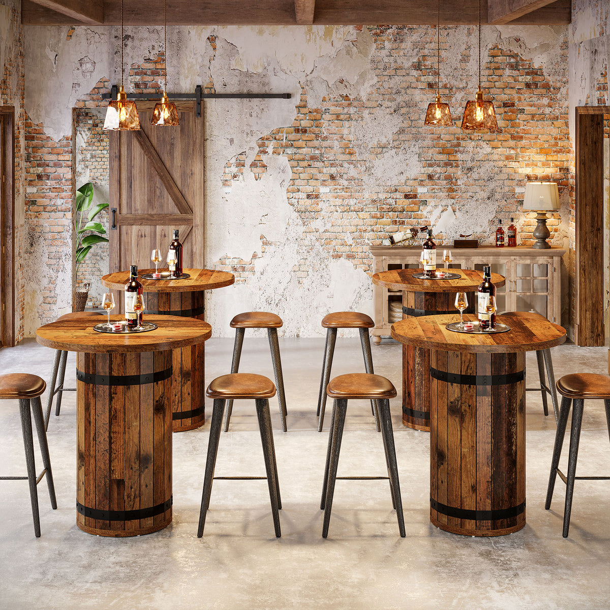 100cm Round Bar Table, Rustic Pub Table with Barrel Base for Kitchen Living Room
