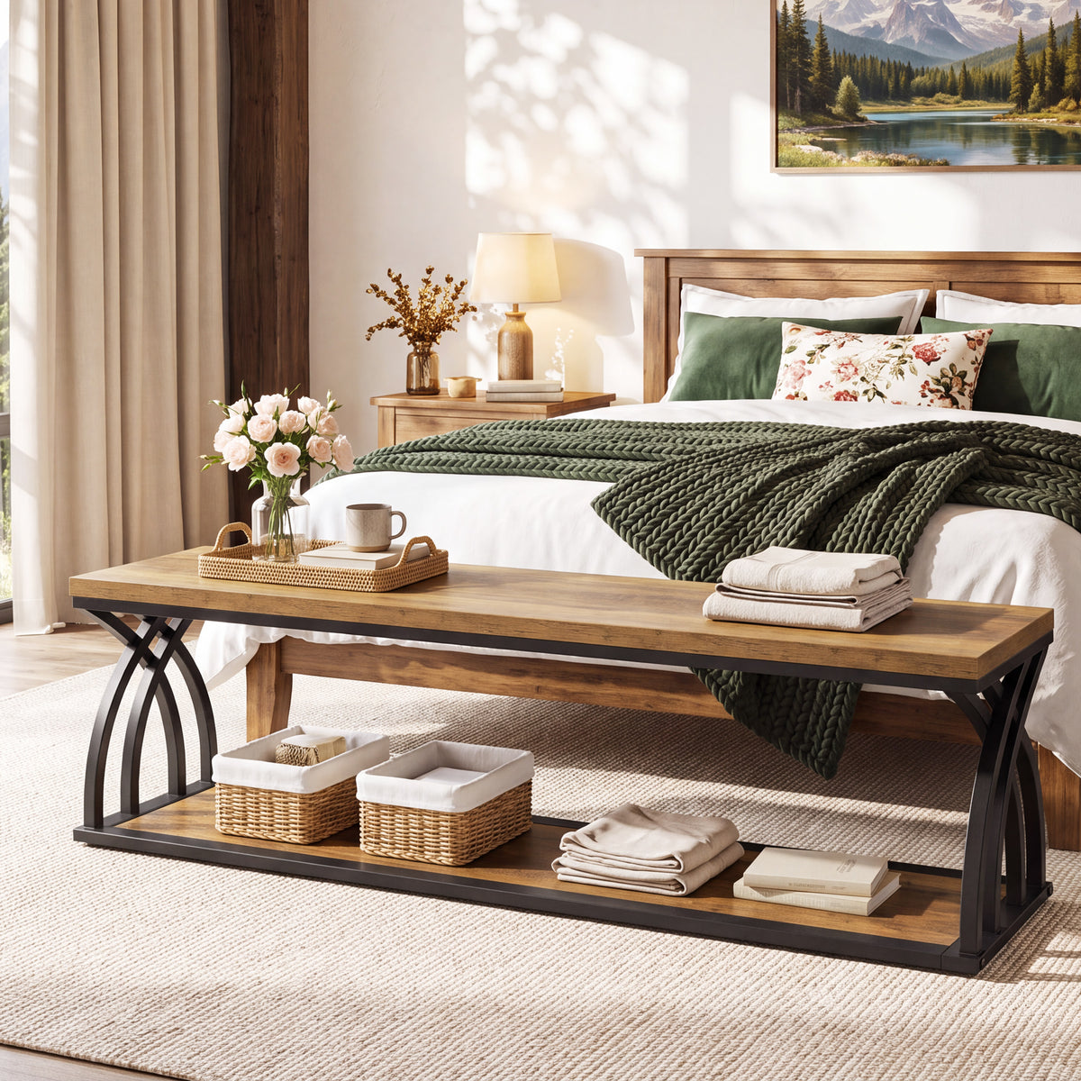 140cm Industrial Storage Bench with Shoe Rack, 2-Tier Entryway Bench for Hallway & End of Bed