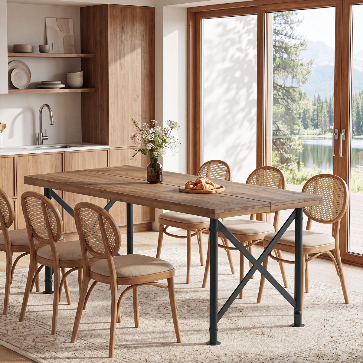 160cm Dining Table, Solid Wood 4-6 Seater with X-Frame Metal Legs