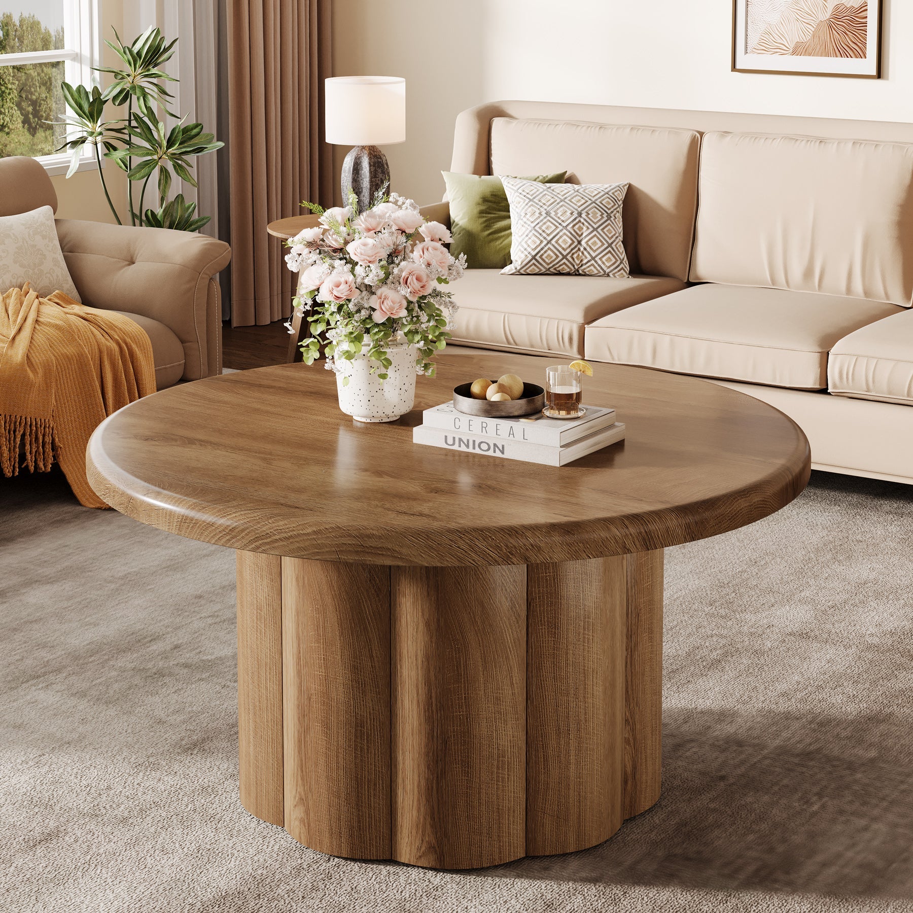 31.5" Rustic Fluted Drum Table, Round Farmhouse Center Table for Cozy Living