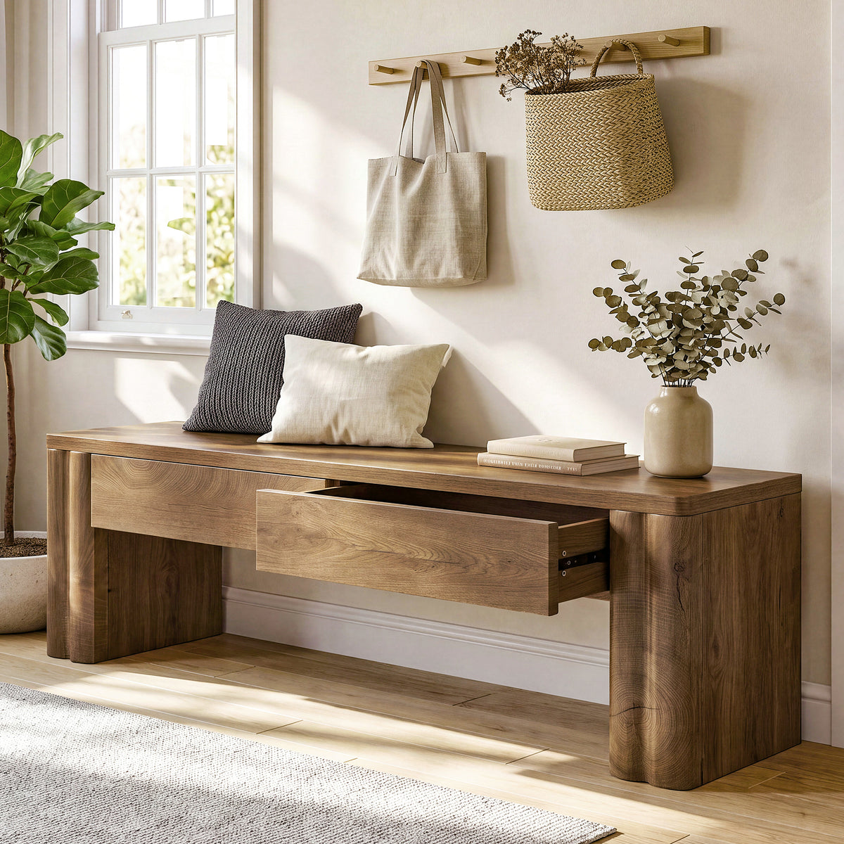 140cm Entryway Bench, 2-Drawer Modern End of Bed Bench with Thick Legs