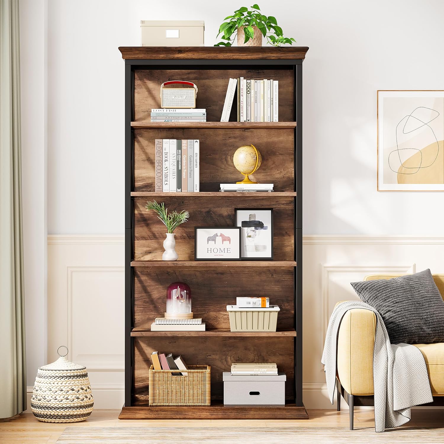 71" Industrial 6-Tier Bookcase - 5-Shelf Floor Standing Storage Unit in Brown & Black