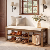 140cm Shoe Storage Bench, Solid Wood Upholstered Entryway Bench with Removable Cushion 3
