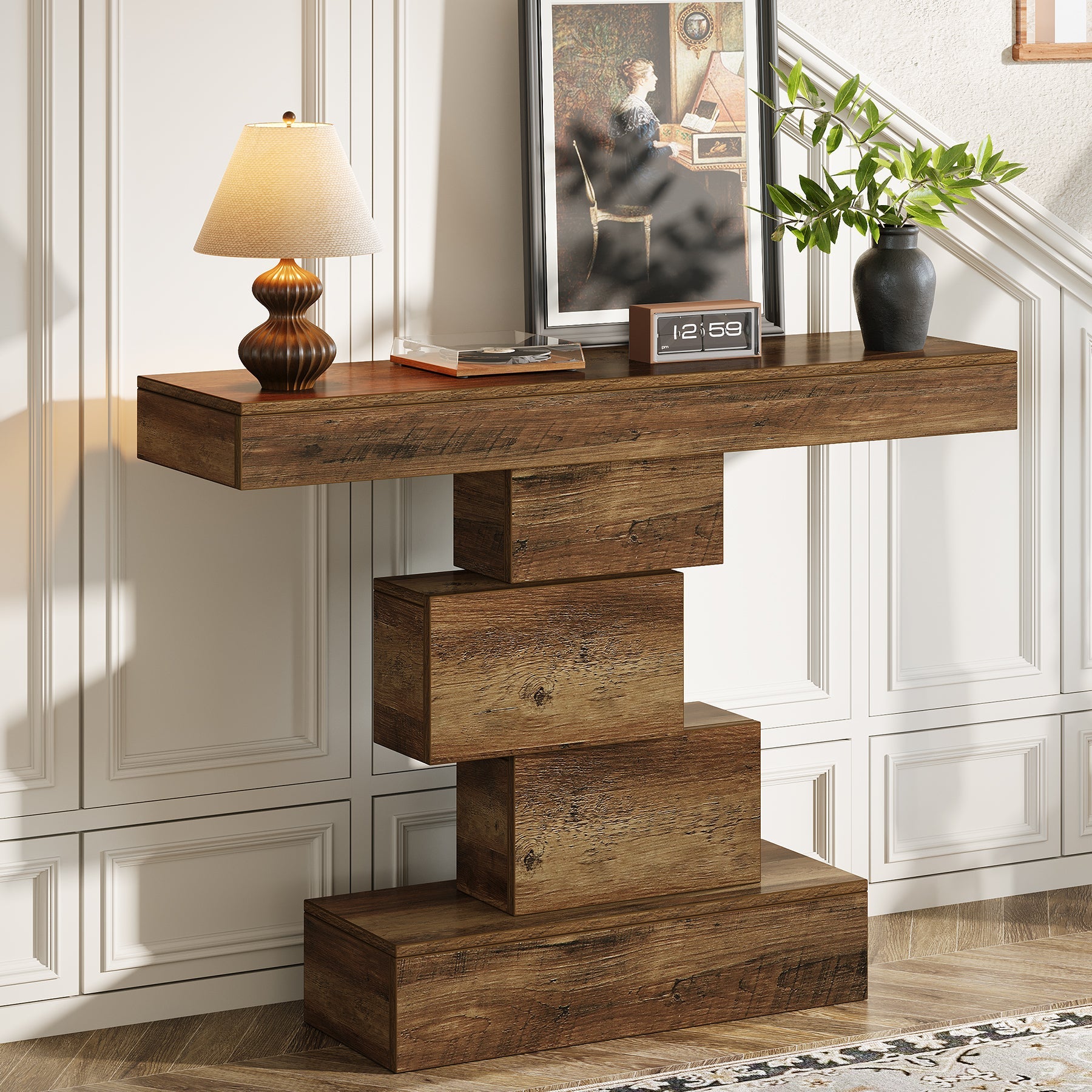 42" Console Table, Wood Sofa Table Accent Table with Geometric Base