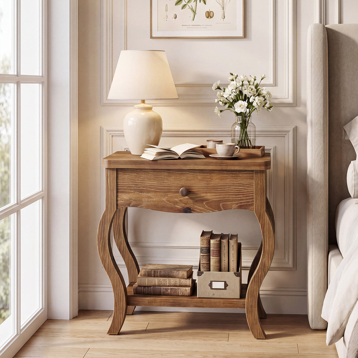 61cm Nightstand, Rustic Solid Wood Bedside Table with Drawer & Shelf