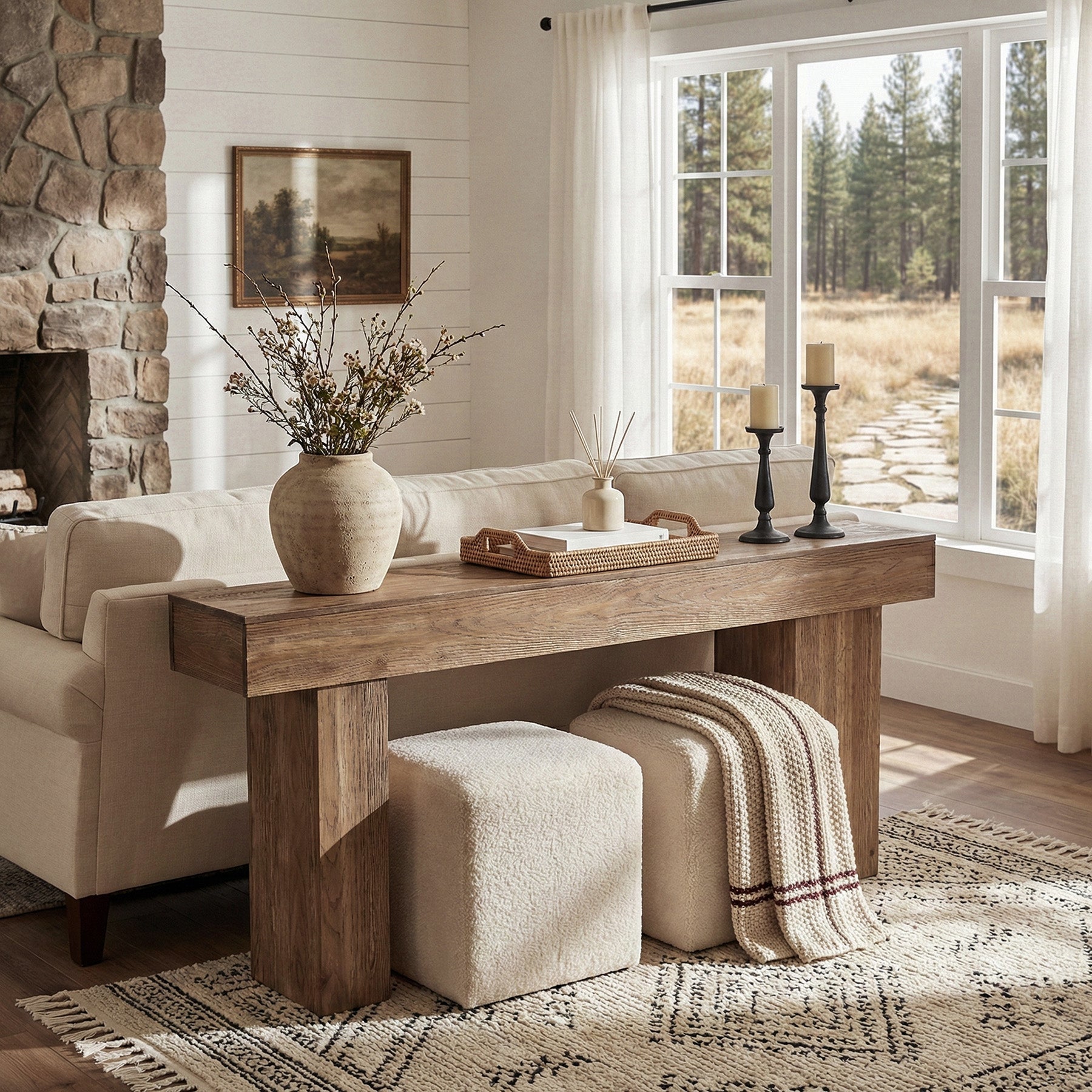 160cm Solid Wood Farmhouse Console Table with Artistic Legs, Heavy-Duty Sofa Table