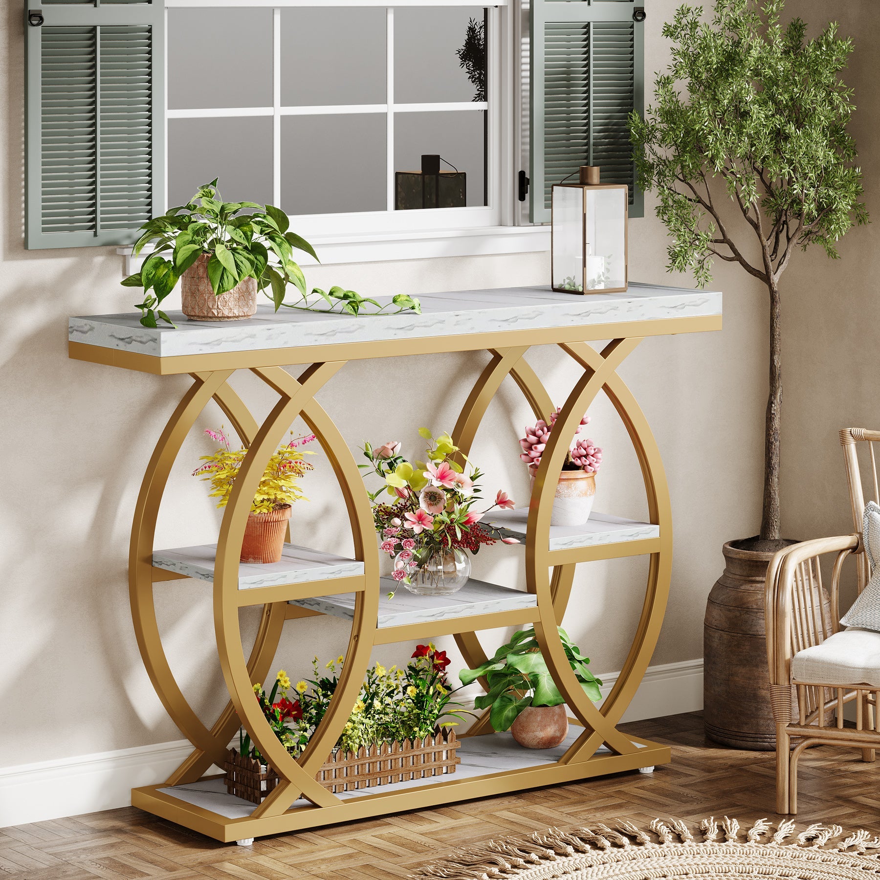 39.4" Console Table, 4-Tier Narrow Sofa Table with Metal Frame & Storage