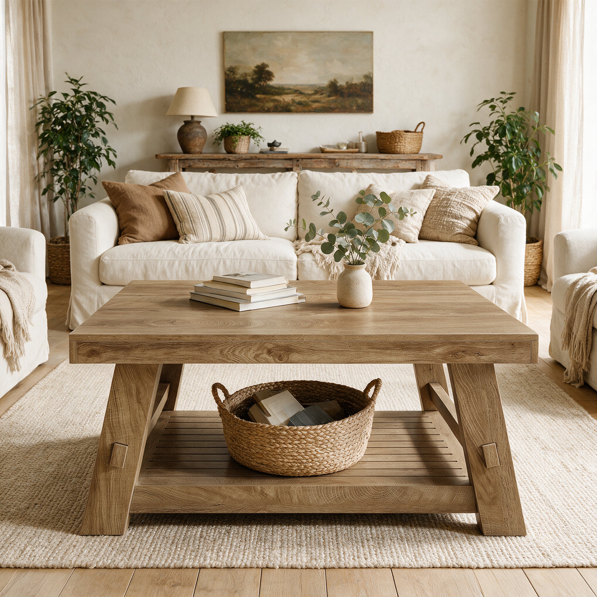 99cm Square Coffee Table, Farmhouse 2-Tier Slatted Storage Shelf