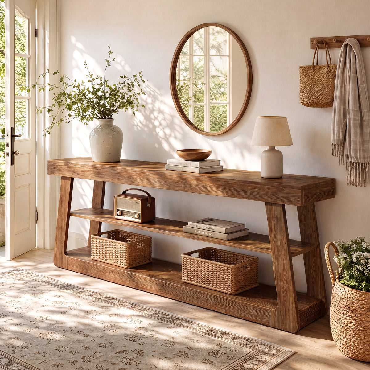 160cm Console Table, Solid Wood 3-Tier Entryway Table with A-Shaped Frame