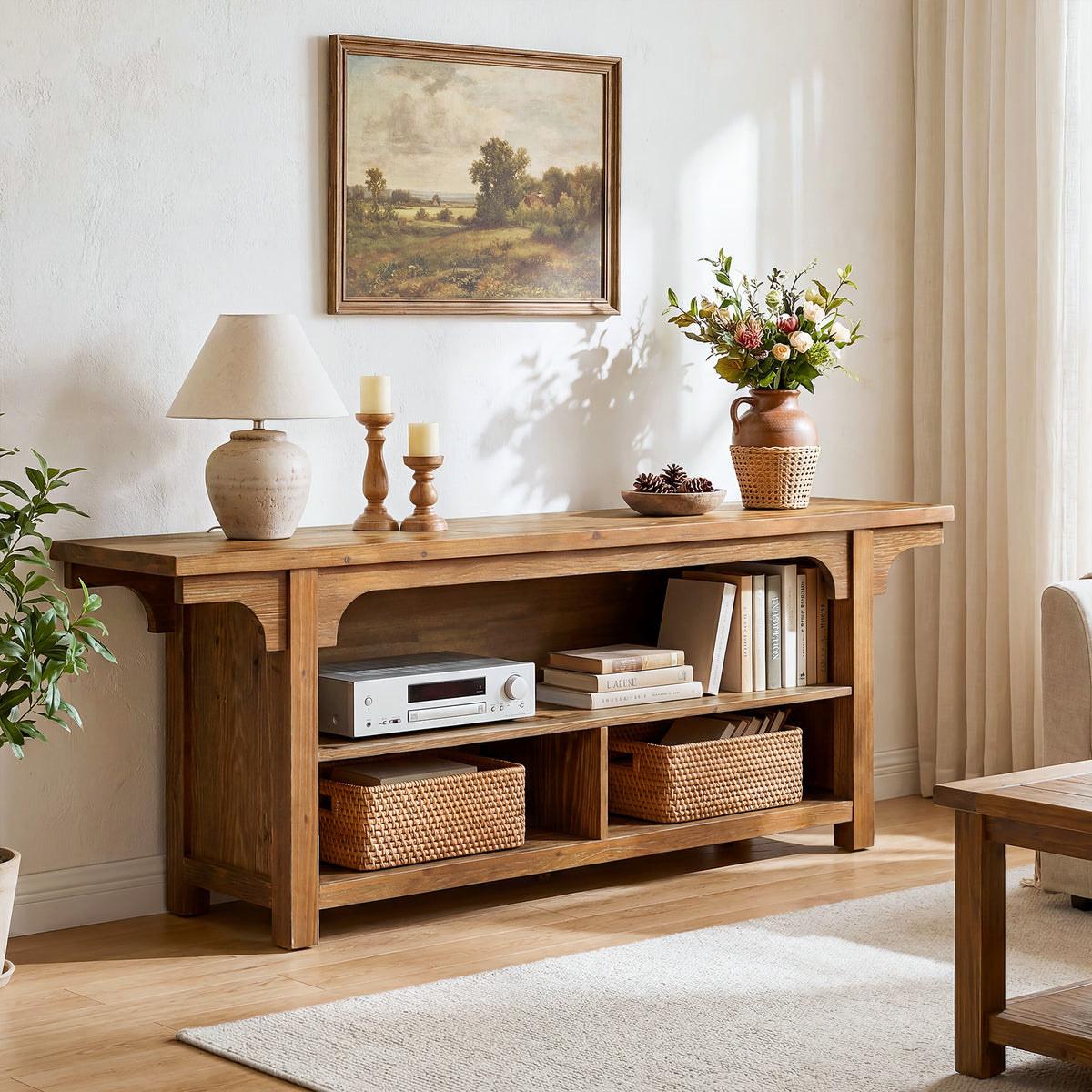 160cm TV Stand, Solid Wood Media Console with 3 Open Shelves for TVs up to 70"