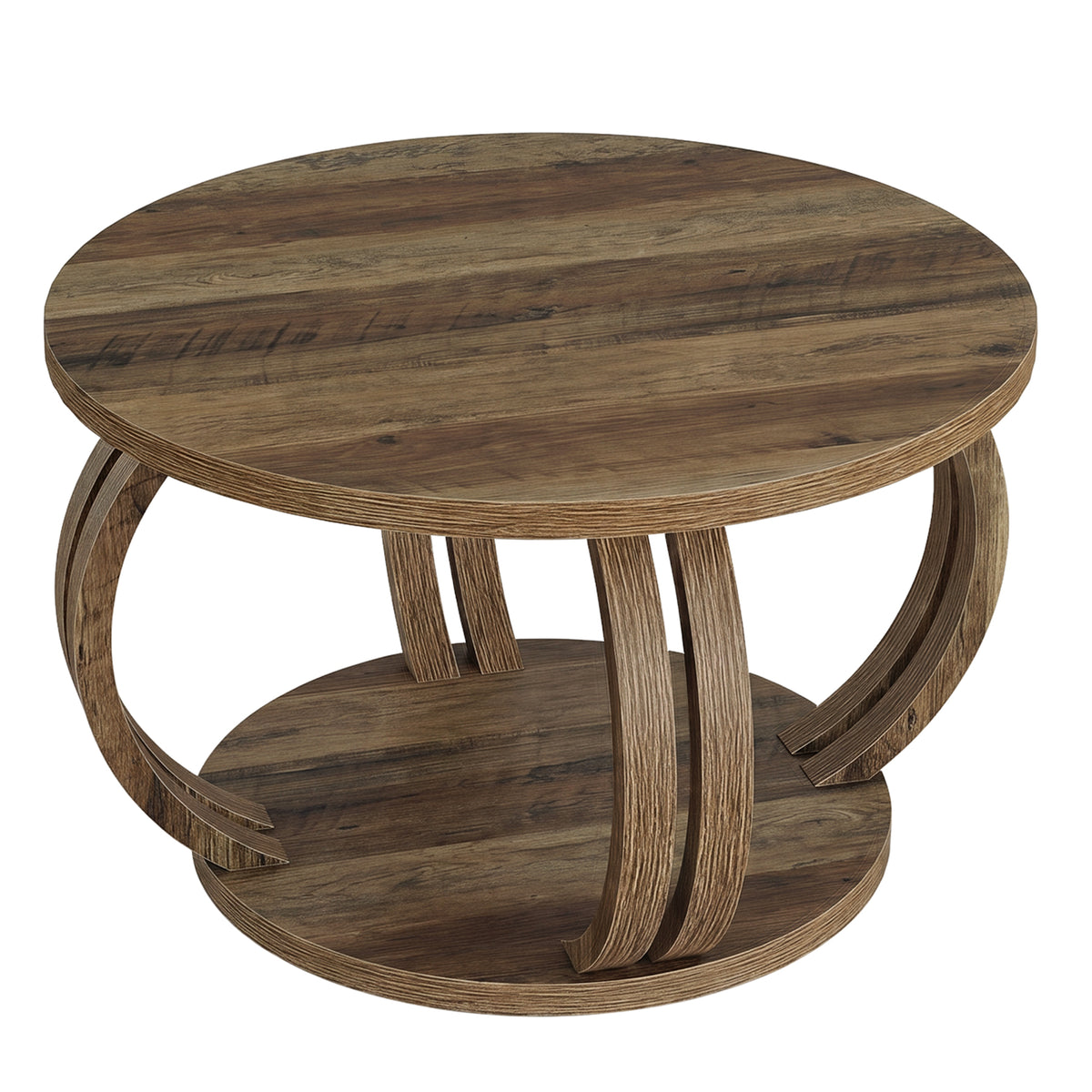 80cm Round Coffee Table, Rustic Wooden Storage Shelf for Living Room