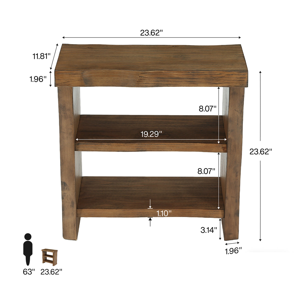 60cm End Table, 3-Tier Solid Wood Narrow Side Table with Live Edge Design for Living Room