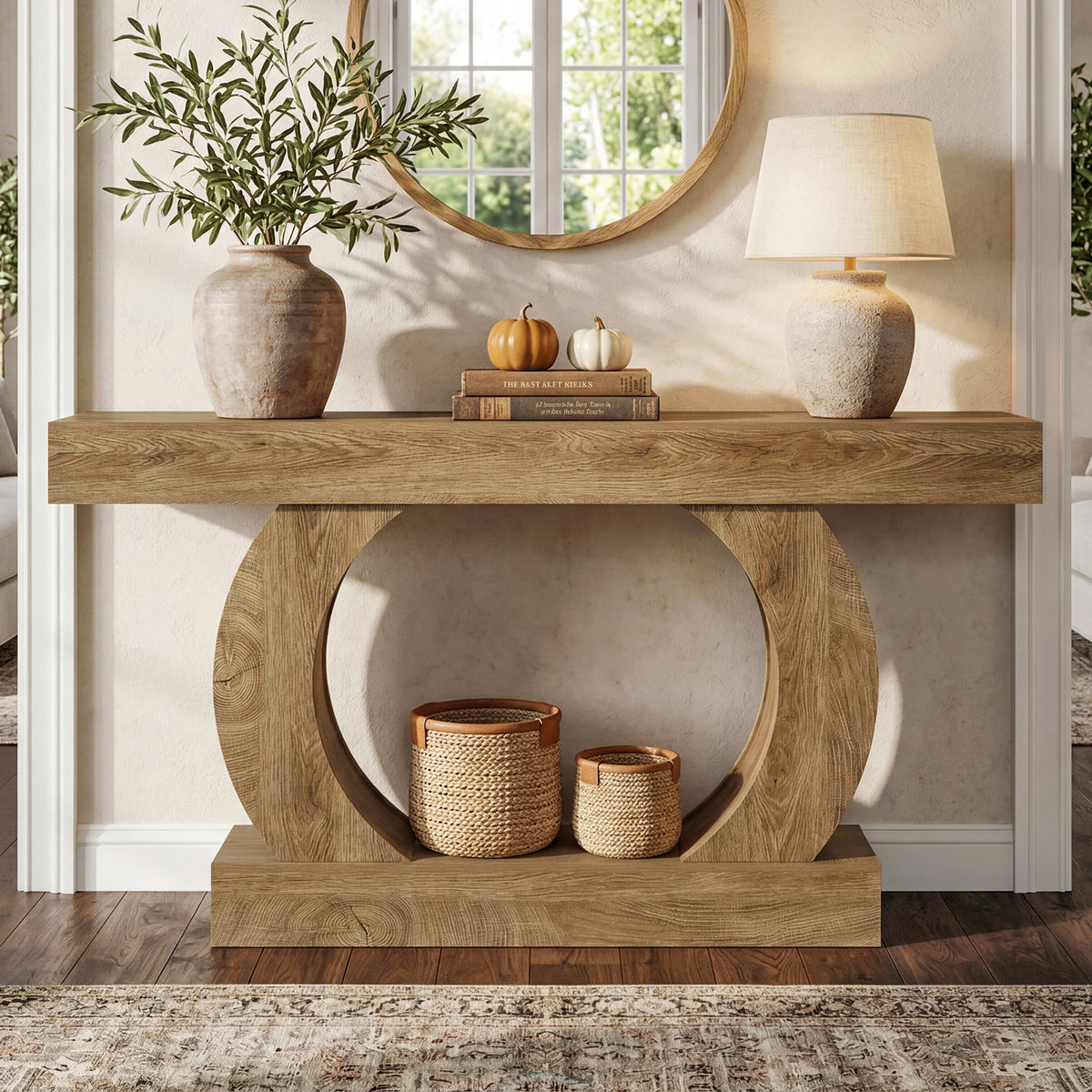 Rustic console table, 150 x 30 x 85 cm, with an open, round base,narrow two-tier hall table for hallways and living rooms