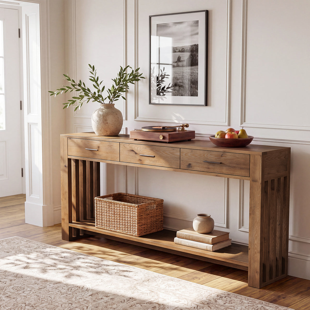 160cm Console Table, Solid Wood 3-Drawer 2-Tier Narrow Farmhouse Entryway Table
