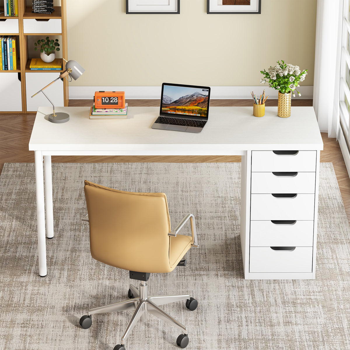 120cm Computer Desk, 5-Drawer Modern Study Table Writing Desk