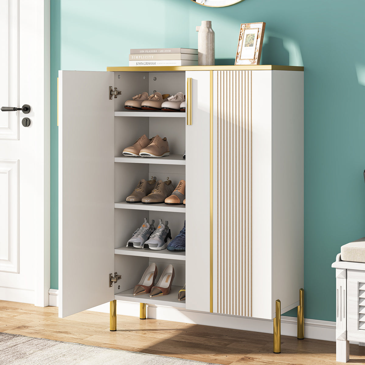 100cm Shoe Cabinet, White 6-Shelf Storage Cabinet with Gold Accents