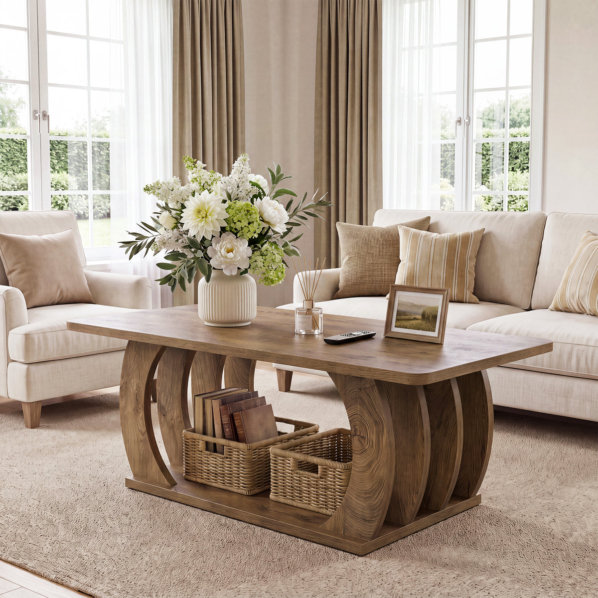 Tribesigns 120cm Farmhouse Coffee Table, 2-Tier Center Table with Storage
