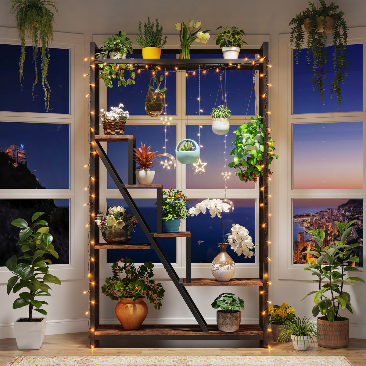 180cm Tall 7-Tier Plant Stand, Tall Flower Plant Shelf with 5 S-Hooks