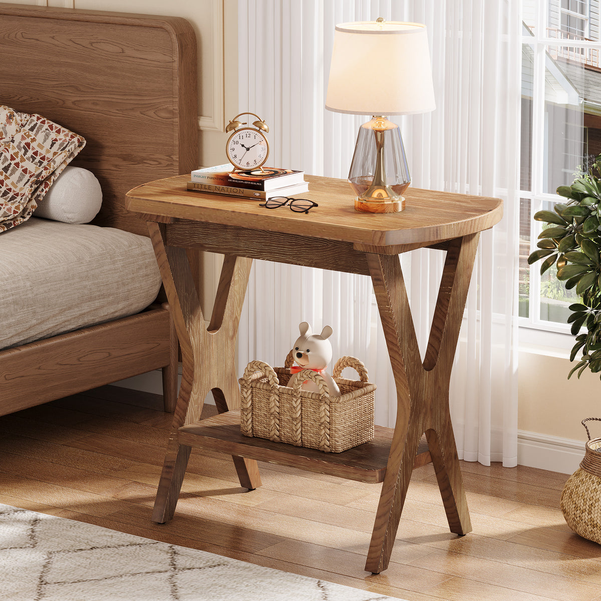 50cm Side Table, Solid Wood 2-Tier End Table Nightstand with Storage for Living Room