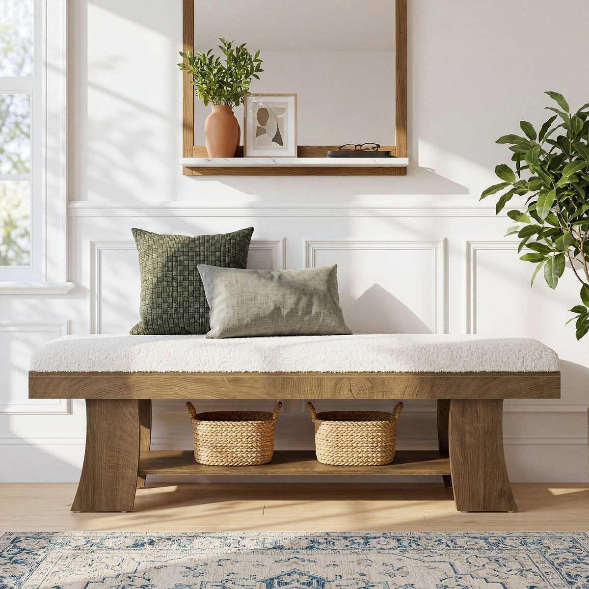 150cm Entryway Bench, Upholstered Shoe Bench with Cushion & Storage Shelf for Hallway